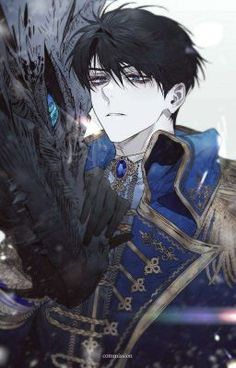 an anime character with black hair and blue eyes, holding a bird in his hand