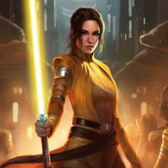 a woman holding a light saber in her hand