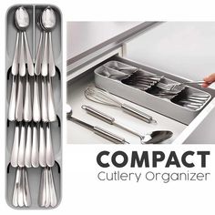 the compact cutlery organizer is organized with utensils