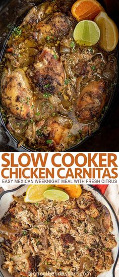 slow cooker chicken carnitass in a skillet with lemon wedges