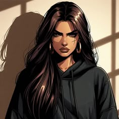 a woman with long dark hair wearing a black hoodie and gold hoop earrings, standing in front of a window