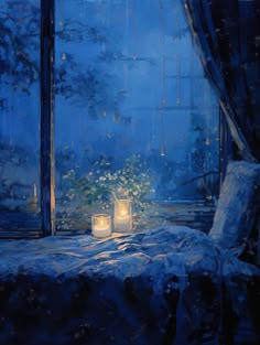 a painting of two candles on a bed in front of a window