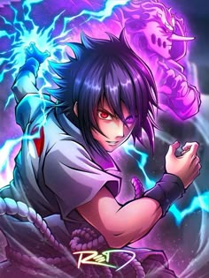 an anime character with purple hair and lightning in the background