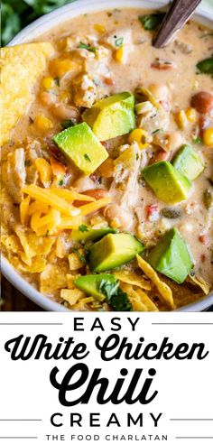 an easy white chicken chili with cheese and avocado