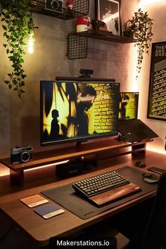 IKEA Desk Setup Idåsen Ikea Desk, Industrial Desk Setup, Dark Cozy Desk Setup, Karlby Desk Setup, Fantasy Desk Setup, Industrial Study Room, Study Room Dark, Dark Study Room, Small Room Desk Ideas