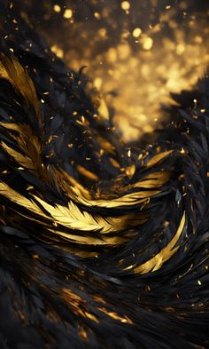 some black and gold feathers are flying in the air