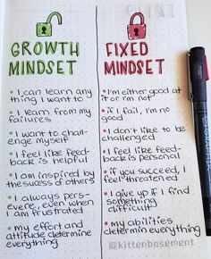 a notebook with some writing on it and a pen next to it that says growth mindset