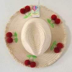 Cherry Playful Adjustable Straw Hat For Spring, Cute Brimmed Straw Hat For Vacation, Cute Short Brim Sun Hat For Vacation, Cute Short Brim Hats For Vacation, Cute Beach Hats With Flat Brim, Cute Flat Brim Beach Hats, Cute Beige Sun Hat For The Beach, Cute Sun Hat For Spring Vacation, Cute Beige Beach Hats