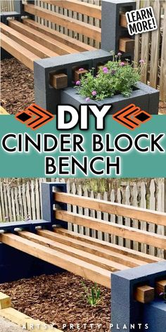 the diy cinder block bench is made from wood and has plants growing in it