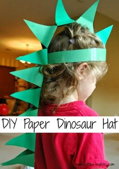 DIY Paper Dinosaur Hat. Easy costume or dress up for dinosaur theme week. Great for preschool or toddlers! Easy Construction Paper Crafts, Dinosaur Hats, Paper Dinosaur, Diy Garlands, Dinosaur Hat, Construction Paper Crafts, Dragon Crafts