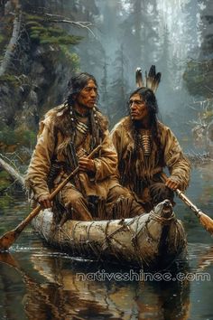 two native american indians sitting in a canoe