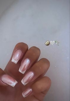 Classy Acrylic Nails Pink, Pretty French Manicure Nails, Shiny Natural Nails, French Top Chrome Nails, Gel X Nail Inspiration, Pink Dress Nail Ideas, Opal French Nails, Irridecent Design Nails French, French Tip Nails With Chrome On Top