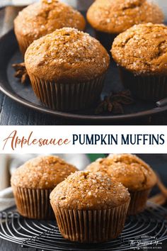 two pictures of muffins on a plate with cinnamon sprinkles and the words pumpkin appleauce muffins above them