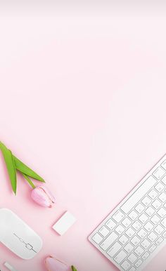 a computer keyboard, mouse and flowers on a pink background