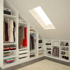 an open closet with clothes hanging on the walls and below it is a skylight