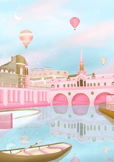 there is a pink bridge over the water with hot air balloons in the sky