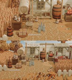 two pictures of a farm with hay and barrels