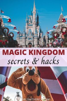 the magic kingdom secrets and hacks with text overlay that says magic kingdom secrets and hacks