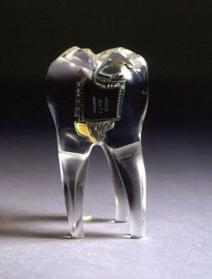 a tooth shaped glass sculpture with a clock on it's side