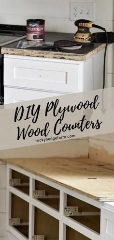 a sign that says diy plywood wood counters in front of a stove top