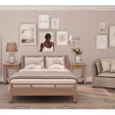 a bedroom scene complete with a bed, chair and pictures on the wall above it