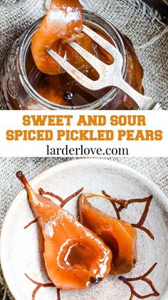 sweet and sour spiced pickled pears on a white plate with a fork