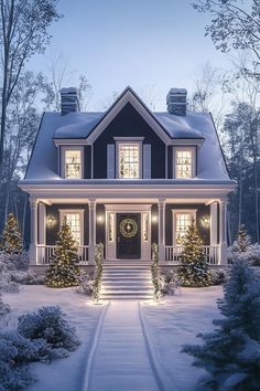 a house is lit up with christmas lights and wreaths on the front porch in the snow