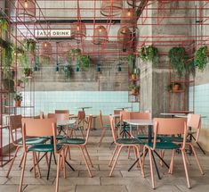 an indoor dining area with tables, chairs and plants hanging from the ceiling above them