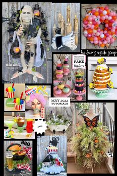 collage of photos with many different things in them including cakes, balloons and decorations