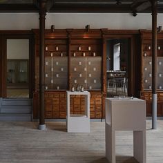 an empty room with wooden cabinets and stools