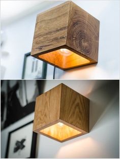 two wooden square lights hanging from the ceiling