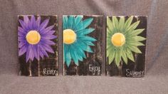 three painted flowers on wood with the words enjoy, enjoy and summer written on them