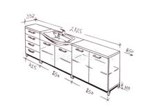 a drawing of a bathroom vanity with sink and drawers, measurements for the widths