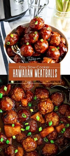 hawaiian meatballs in a pan with green onions on top and the title above it