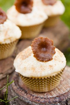 several cupcakes with frosting and brown toppings on a tree stump in the woods