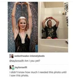 two people in the shower with their hands up and one person taking a selfie