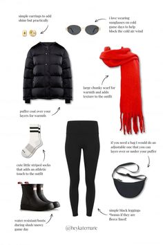 football, football season, game day inspo, game day outfit, outfit ideas, hunter boots, chunky scarf, uniqlo bag, crossbody, sporty fashion, sporty chic outfit, puffer coat, puffer jacket, super puff, soorty socks Sporty Winter Outerwear For Game Day, Cold Weather Football Outfit, Game Day Outfit Cold Weather, Sporty Winter Top For Game Day, Cold Weather Game Day Outfit College, Sporty Chic Outfits Winter, Football Game Outfit Cold, Winter Game Day Outfit, Game Day Winter Hoodie