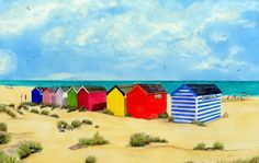 a painting of colorful beach huts on the sand by the ocean with seagulls flying overhead