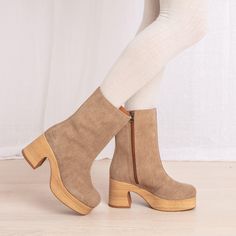 Bobbie Beige Boot for Women | Fall Booties | Ankle Boots | Neutral Tone Boot | Stylish Footwear | Everyday Wear | Fashionable footwear | Bobbie is made of beige embossed suede  with a denim-like texture. This stylish boot features a cushioned block heel platform sole, combining comfort with a modern edgy look. The unique jean-look suede adds a casual yet chic touch, making the Bobbie clog boot perfect for versatile, everyday wear.  Designed in Sweden, handcrafted in Portugal. Heel 8 cm / 3.14 in Fall Booties Ankle Boots, Unique Jeans, Boot For Women, Beige Boots, Stylish Footwear, Fall Booties, Clog Boots, Shoes Too Big, Booties Ankle Boots