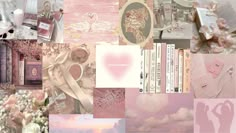 a collage of pink and white images with books, pictures, and other items