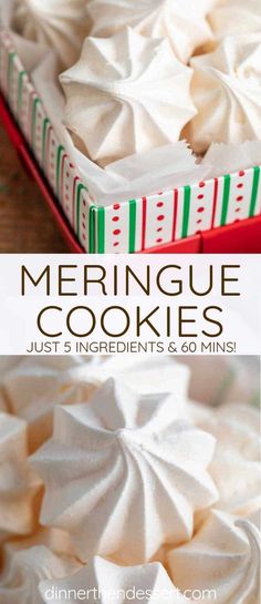 meringue cookies with white frosting in a red pan and green box on the side