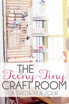 the teeny tiny craft room at red and true tour with text overlay that reads, the teeny tiny craft room at red and true tour