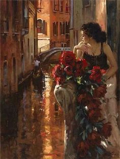 a painting of a woman with flowers in her hand standing next to a river and buildings