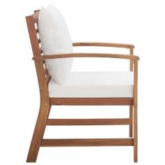 a wooden chair with a white cushion on the armrests and seat padding