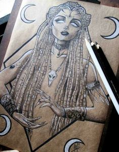 a drawing of a woman with long hair and beads on her face, sitting next to a pen