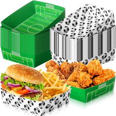 three boxes with different types of food in them and one has a sandwich on it