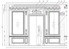 an architectural drawing of the front entrance to a building with glass doors and decorative details