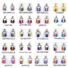 the different colors of earrings are shown on this page, and each has an individual name