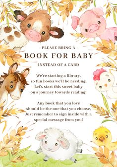 a baby shower card with farm animals in the background and text that reads, please bring a book for baby instead of a card