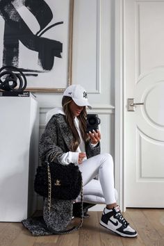 Outfit With Nike Dunk High, White And Black Nike Dunks Outfit, Nike Dunk High Black White Outfit, Black And White Pandas Nike Outfit, Alo White Leggings, Dunk High Up Outfit, Nike Dunk High Sneakers, Black Nike Dunks High Outfit, Nike Dunk High Top Outfit